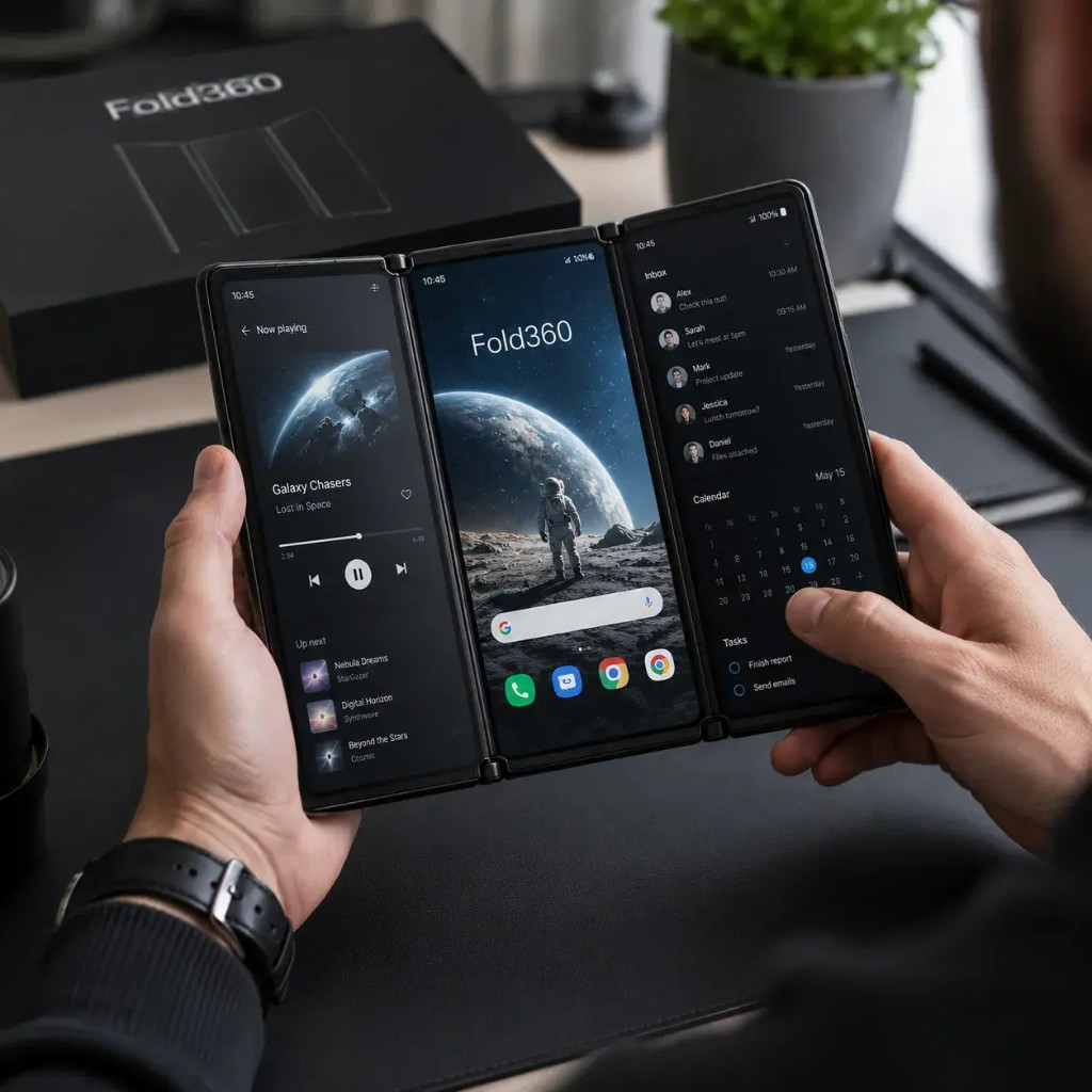 Fold360 — skladací smartfón s 3 obrazovkami v použití